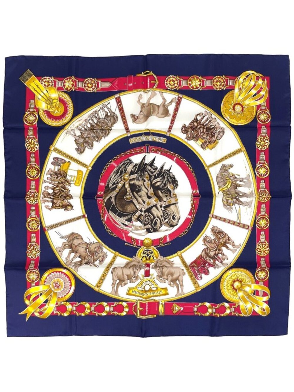Hermes Carre 90 Chevaux de Trait Taima Scarf Silk Navy Multicolor - Picture 1 of 4